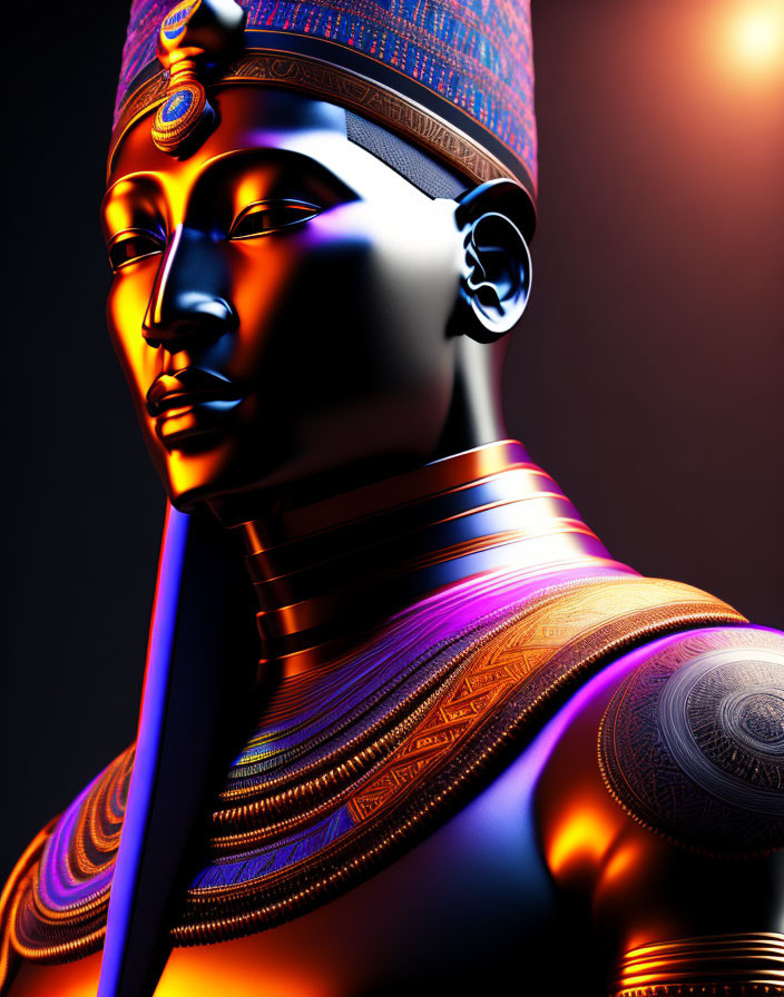 Metallic African-inspired digital artwork with intricate patterns and vibrant headdress