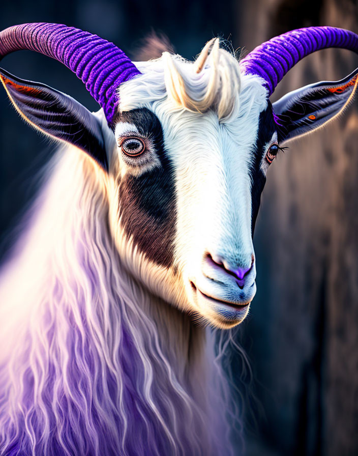 Close-up of goat with purple horns on blurred background