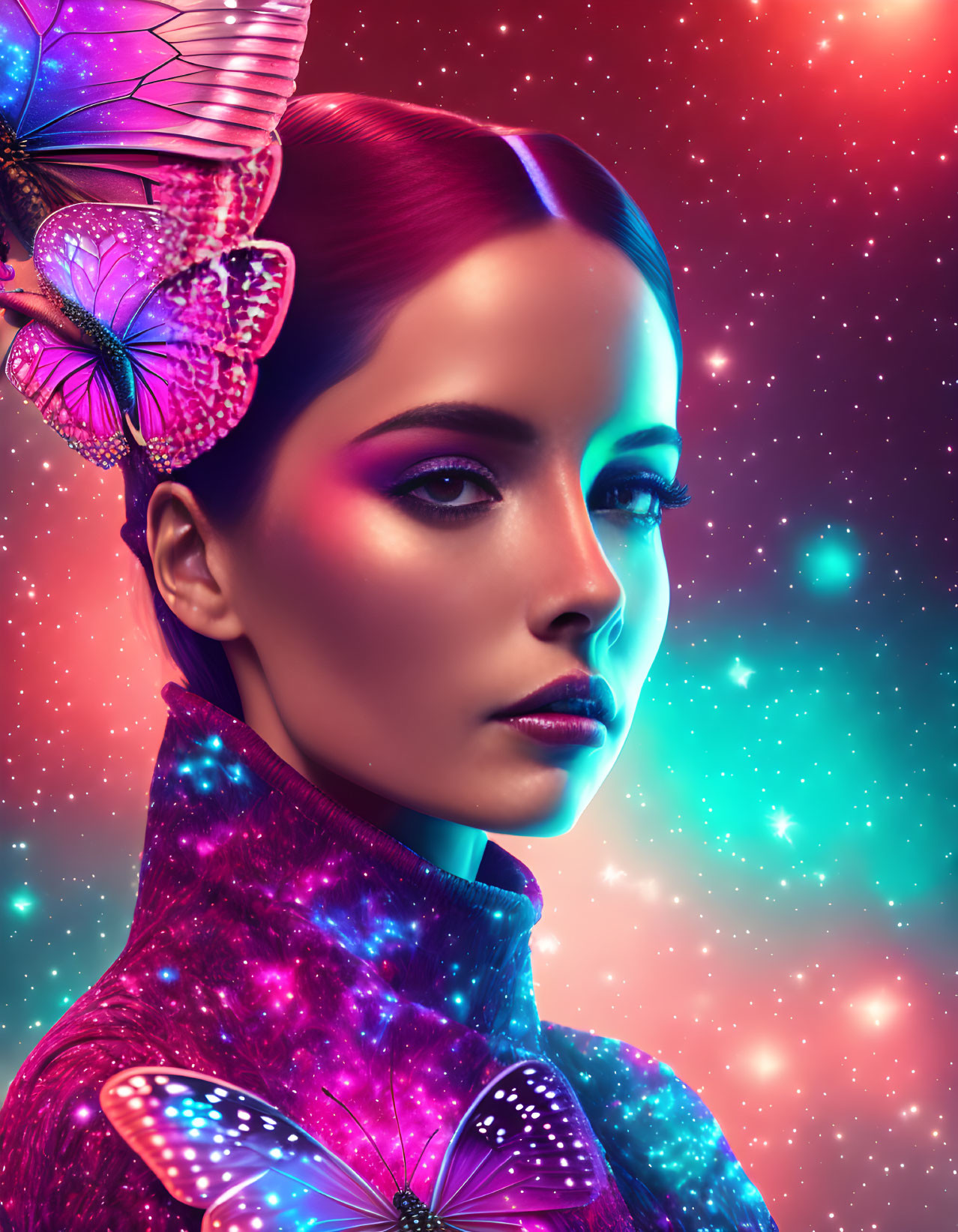 Digital artwork features woman with cosmic makeup and butterflies in hair against space backdrop.