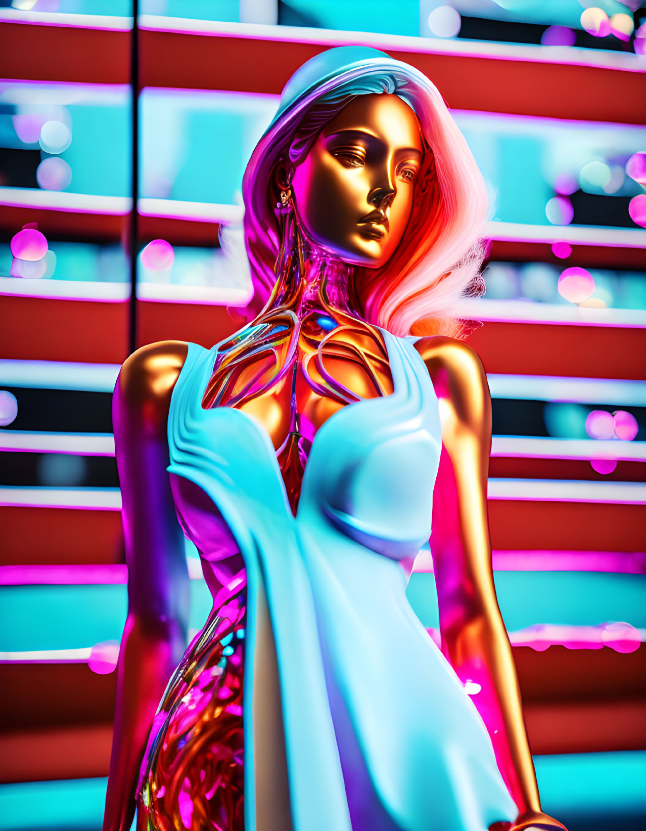 Colorful Mannequin in Futuristic Outfit Against Neon Backdrop