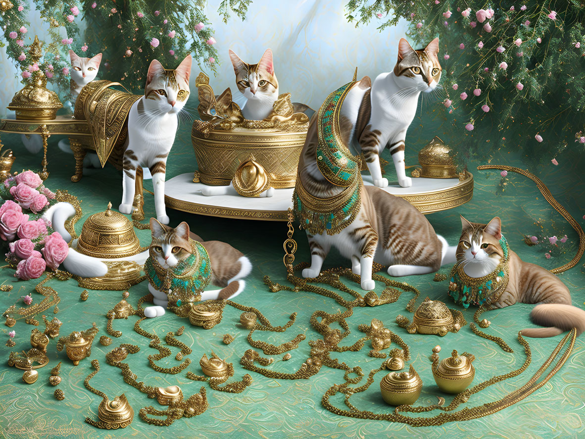 Regal cats adorned with gold and jewels in luxurious setting