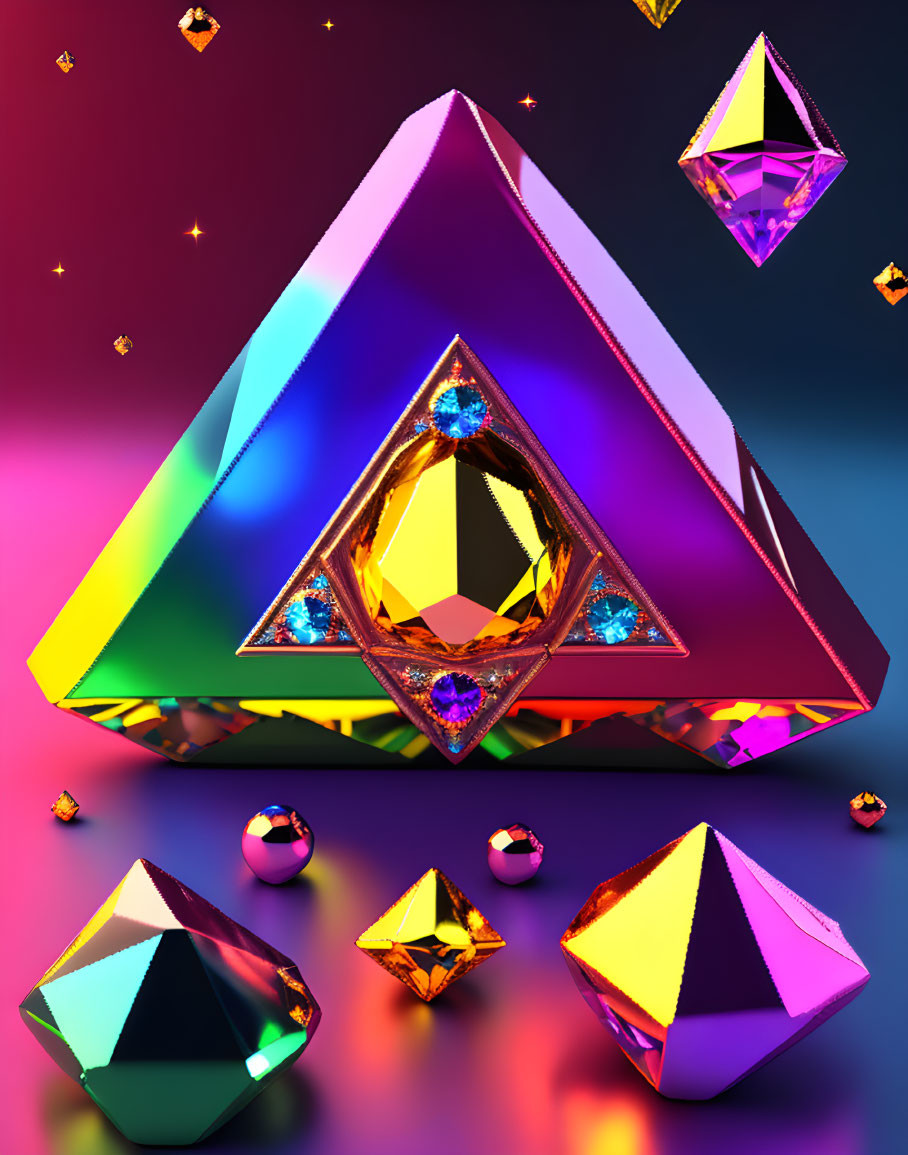 Colorful 3D Crystals and Pyramid on Gradient Background