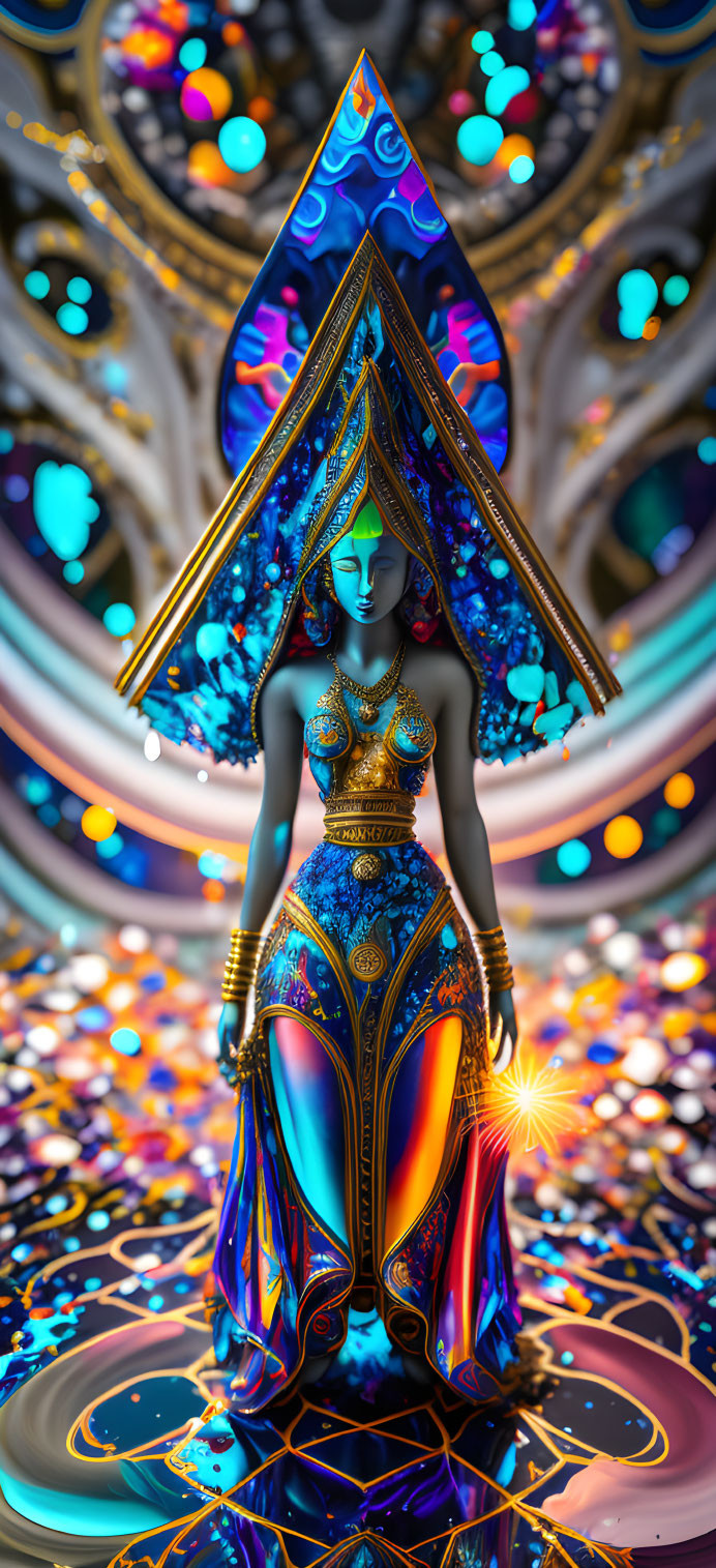 Colorful digital artwork: Female figure in futuristic attire on psychedelic background