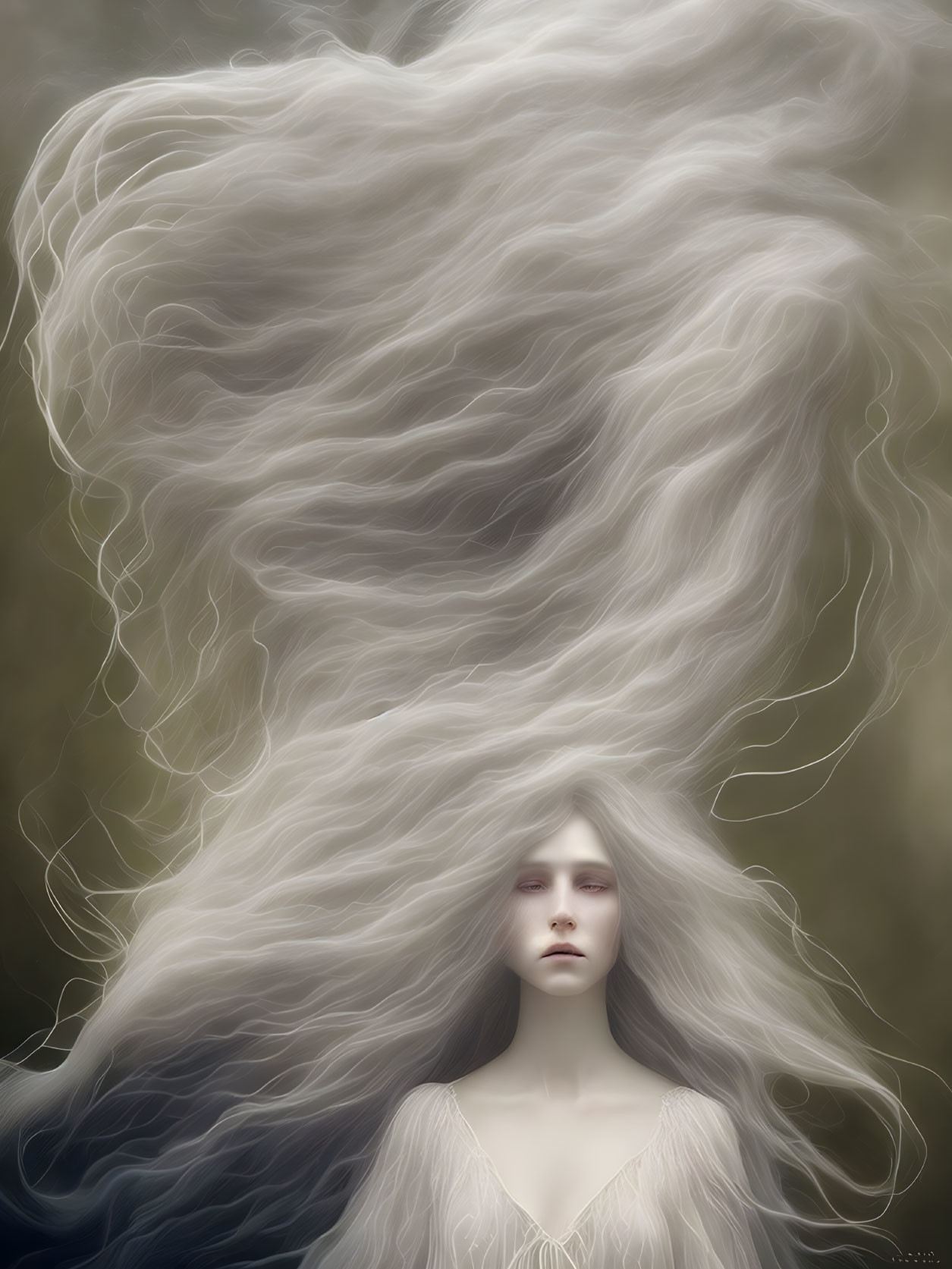 Ethereal woman with voluminous white hair in misty setting