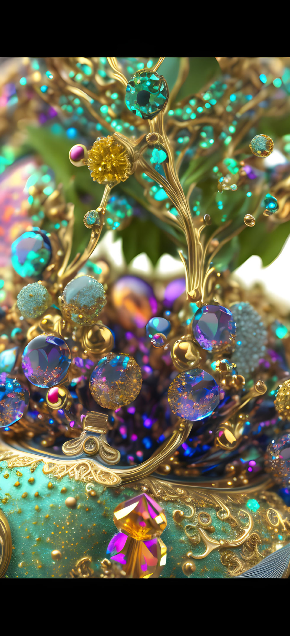 Fantastical 3D rendering of jeweled object with gold filigree and vibrant gems