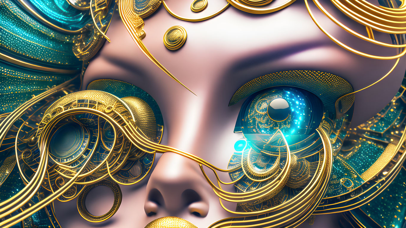 Detailed Digital Art: Stylized Female Face with Gold and Turquoise Cyborg Enhancements