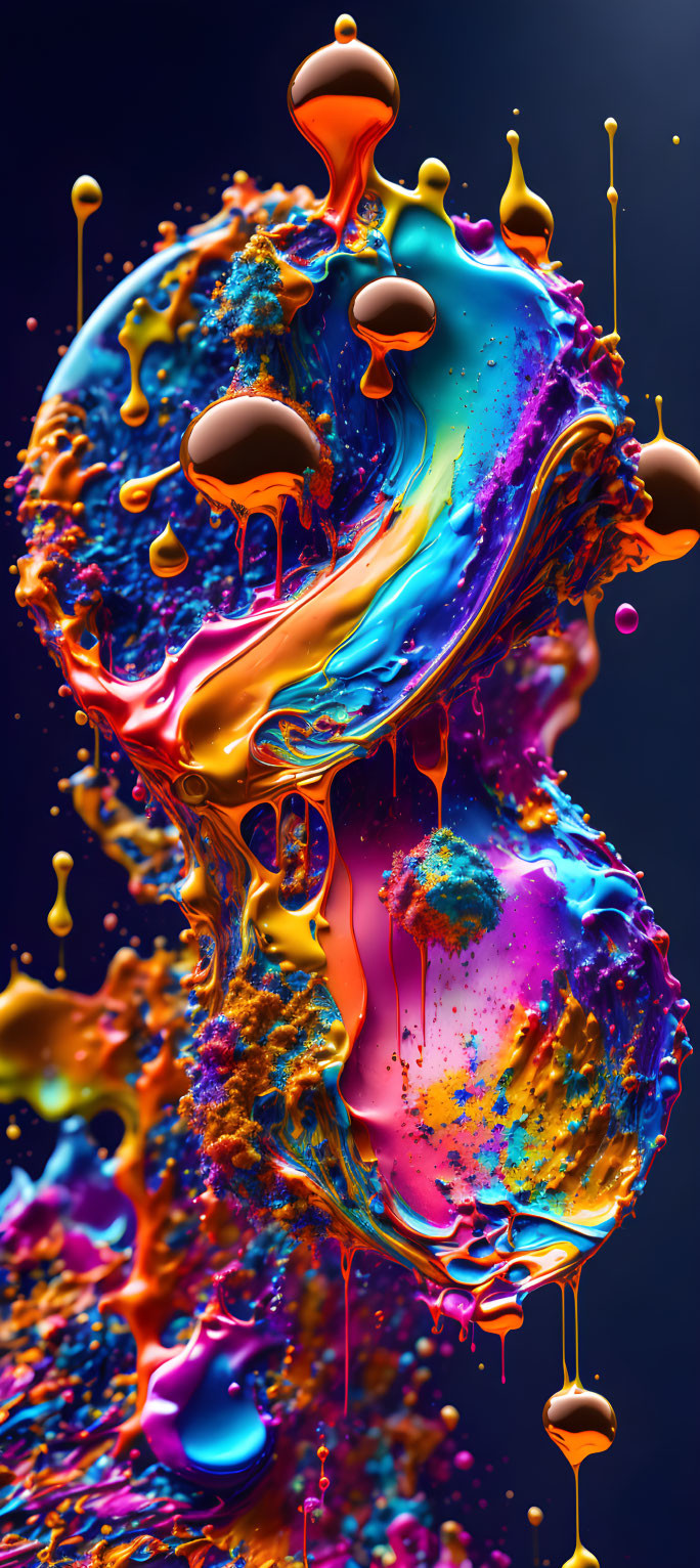 Dynamic multicolored liquid splashes in motion on dark background