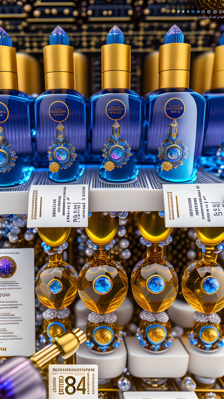 Luxurious Blue and Gold Perfume Bottles on Glass Shelves