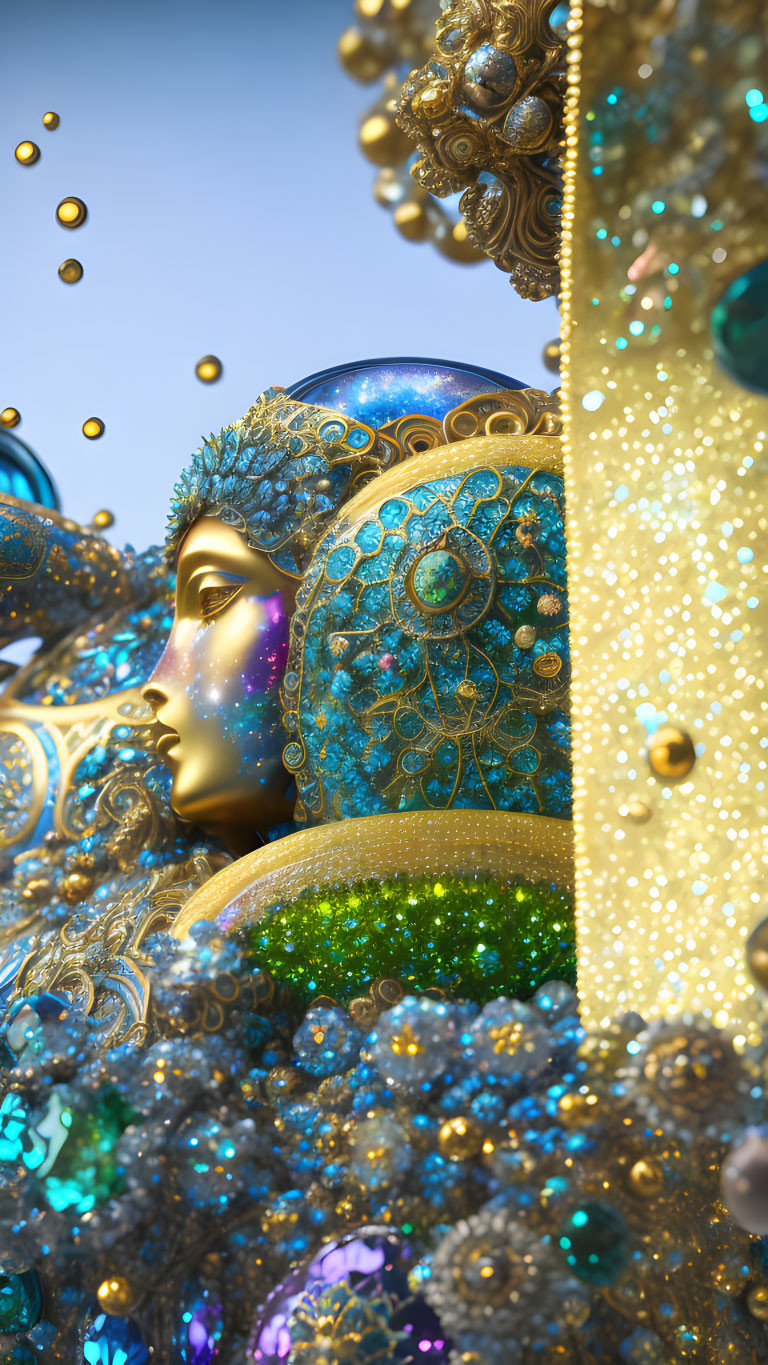 Colorful robotic face with gold and teal patterns and jewels under magical lighting