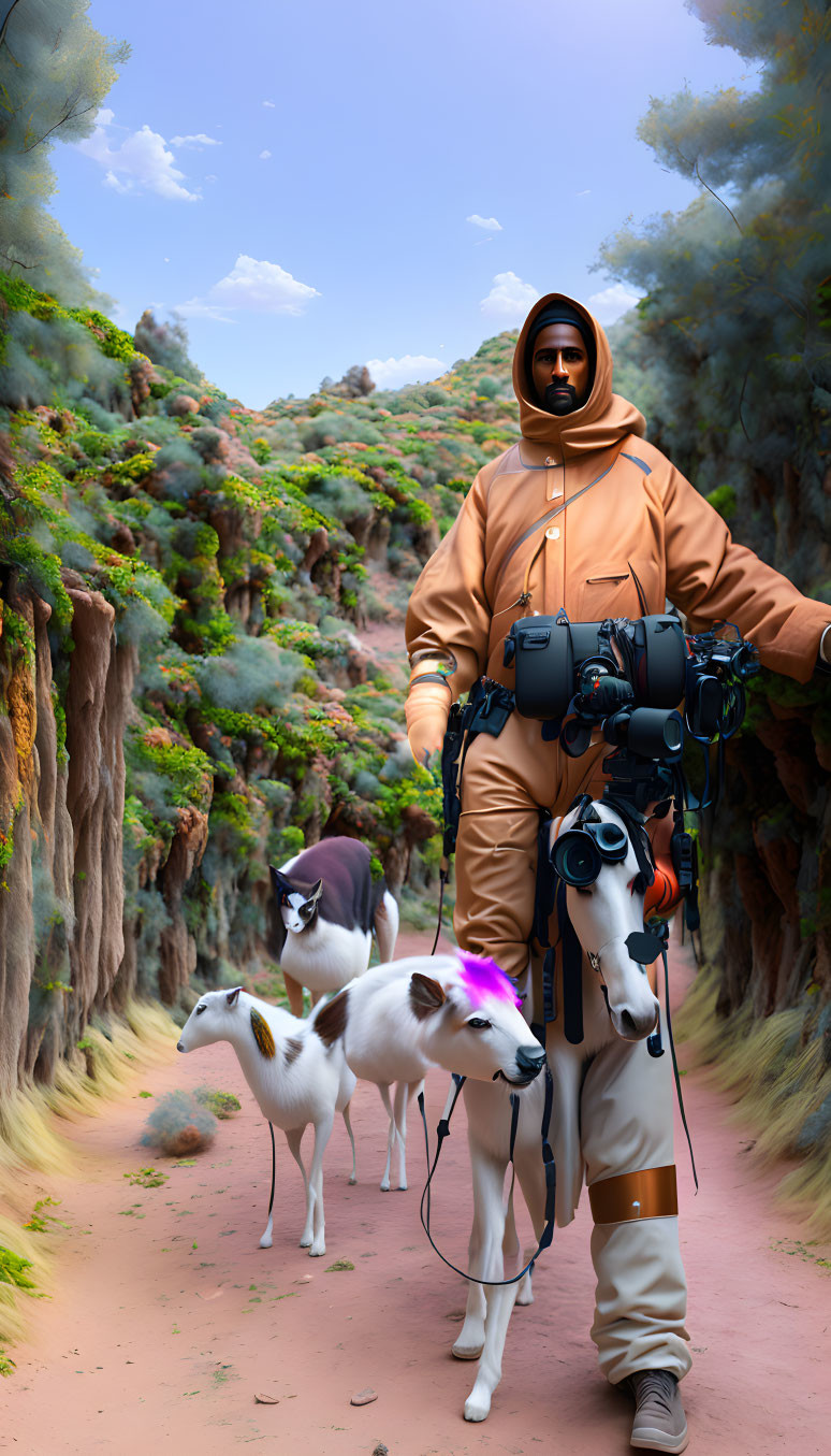 Person in hooded outfit with three small horses in lush canyon landscape