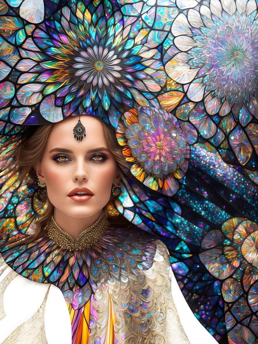 Colorful floral headdress on woman with striking makeup and shimmering attire