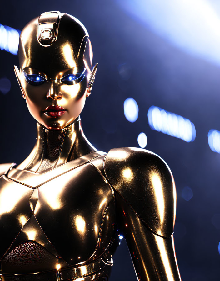 Shiny gold and black female robot with blue eyes on blue light background