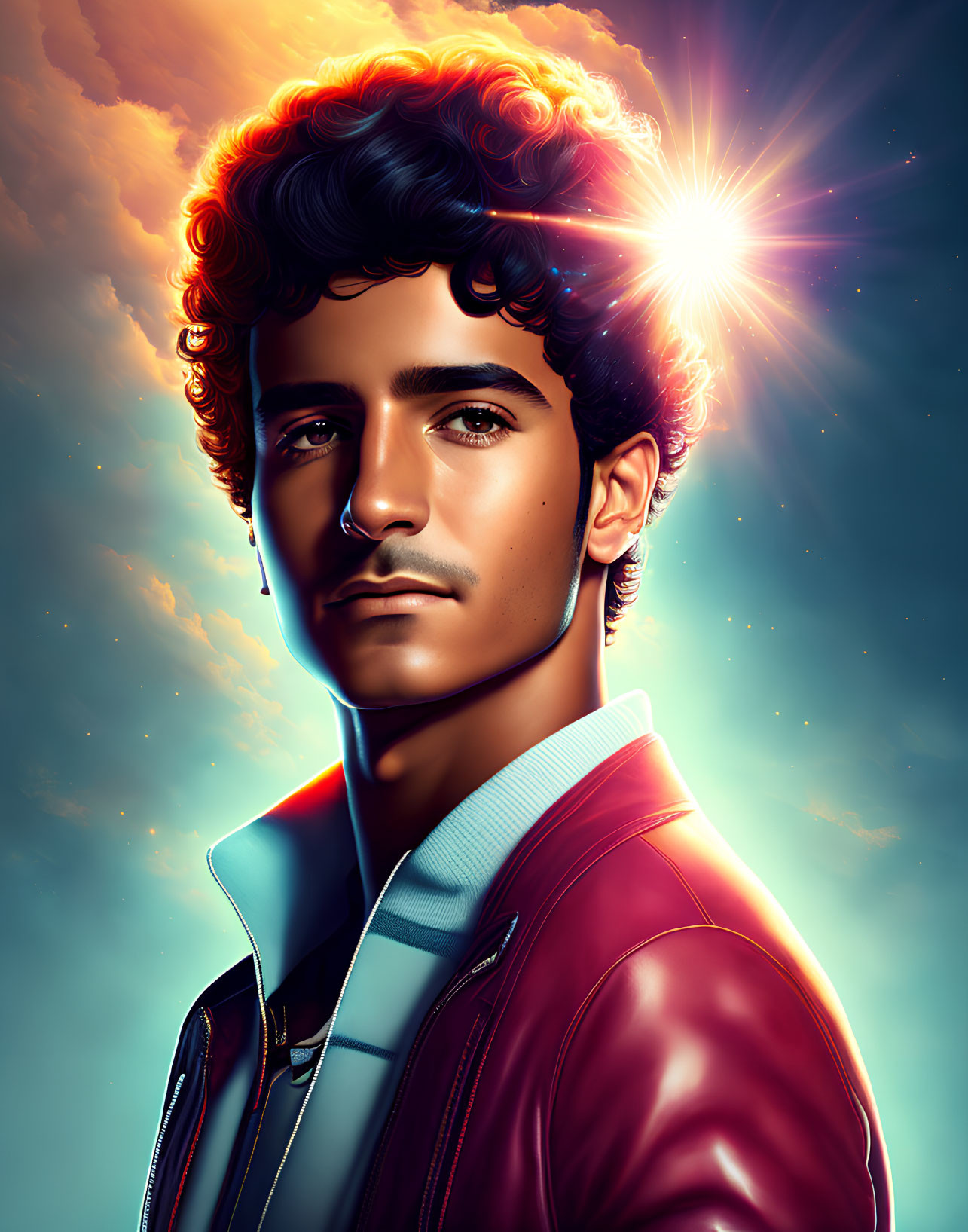 Digital portrait: Young man with curly hair in red jacket under twilight sky