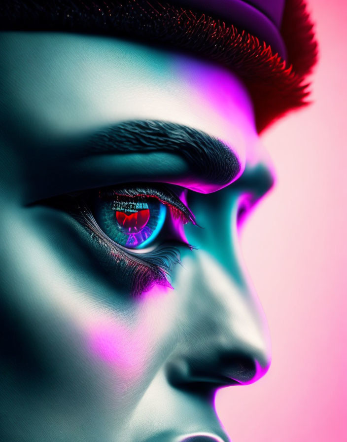 Vivid pink and blue lighting on detailed surreal portrait