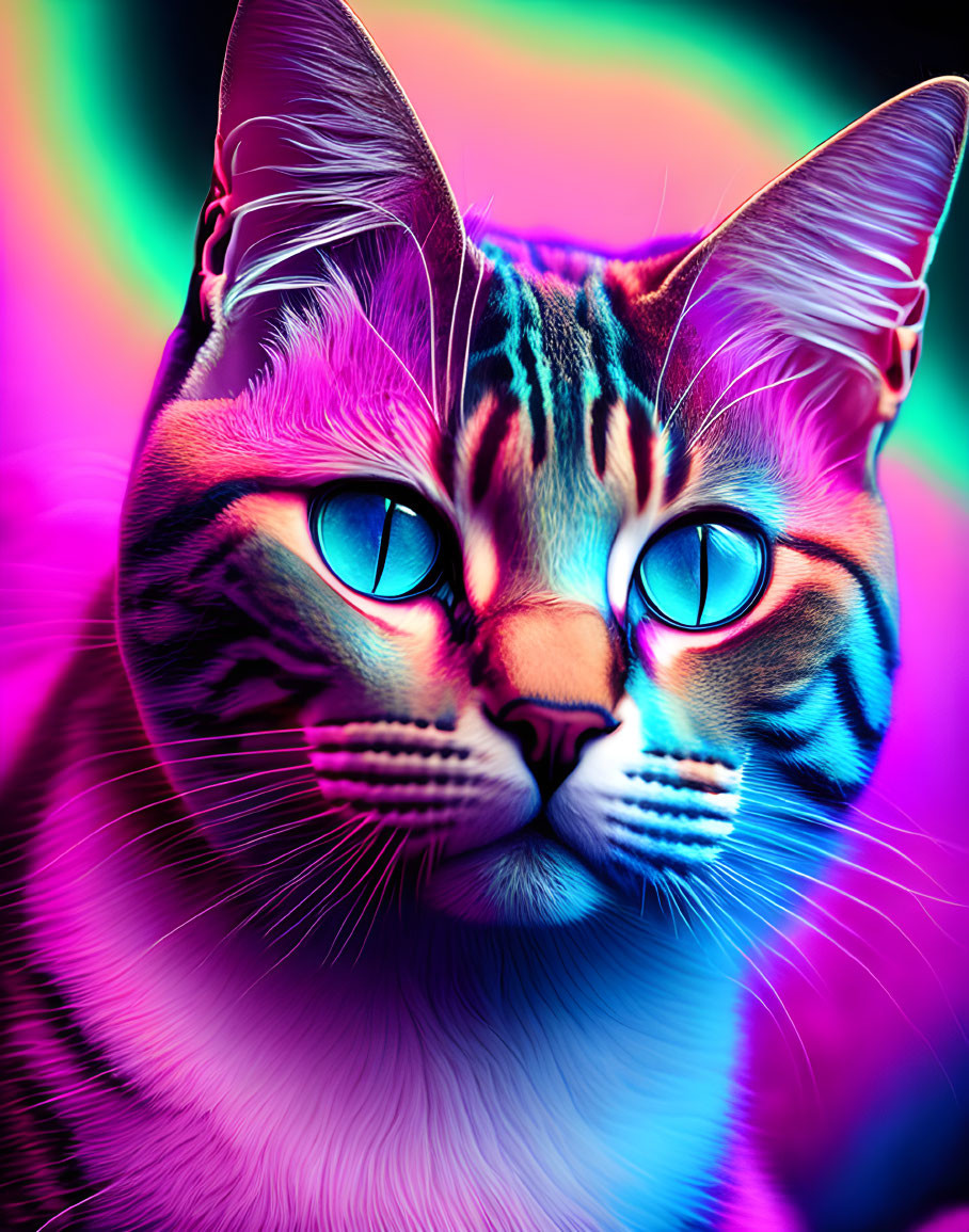 Colorful Digital Art of Neon Cat with Blue, Pink, and Green Hues