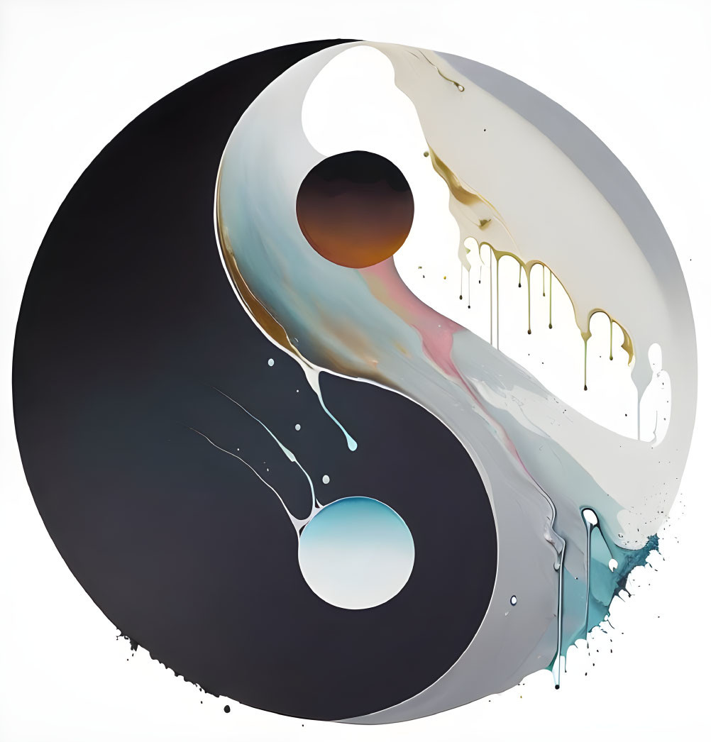 Yin-Yang Symbol Artwork with Flowing Paint in Black, White, and Pastel Colors