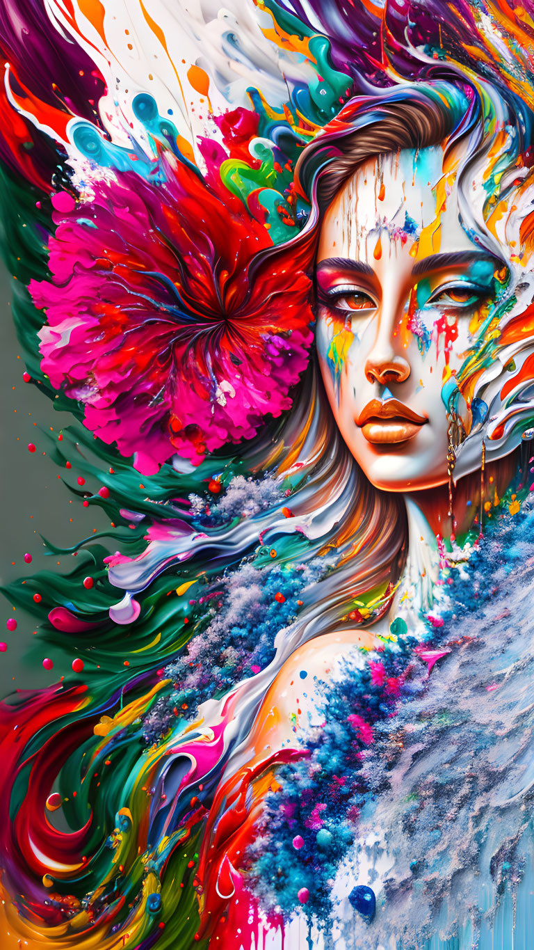 Colorful digital artwork: Woman's face merging with dynamic paint swirls