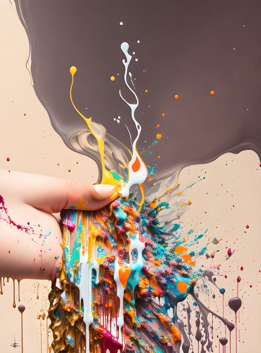 Colorful Paint Splashing from Brush on Cream Background