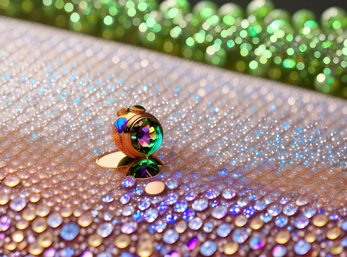 Colorful kaleidoscope sphere on glittery surface with bokeh lights