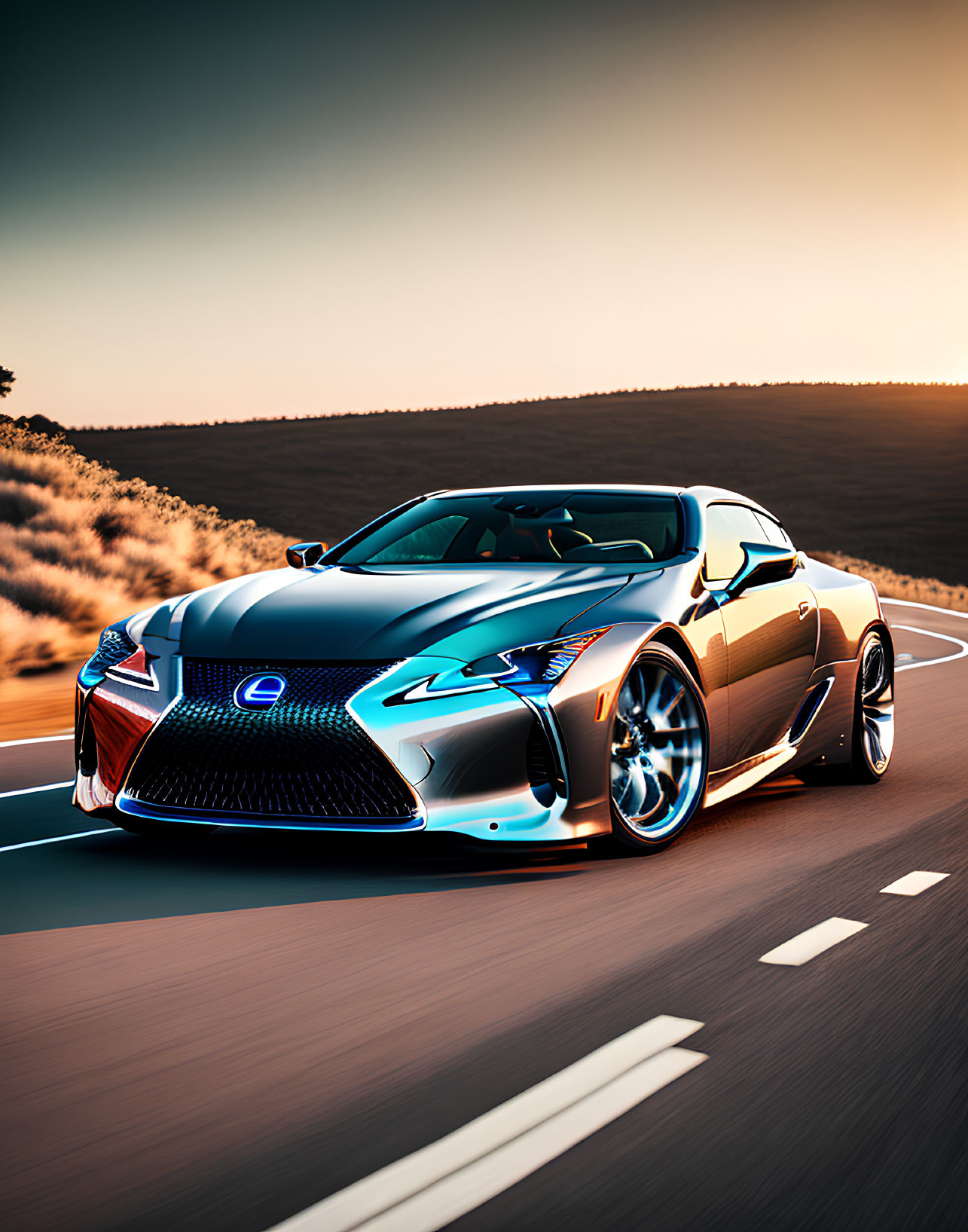 Luxury Lexus LC Coupe on Highway at Sunset with Orange Glow