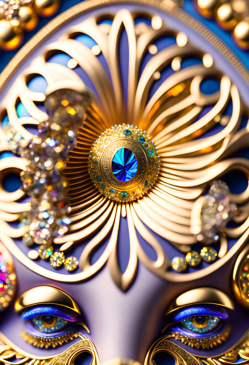 Intricate ornate design with blue gem, gold petals, and eye motifs