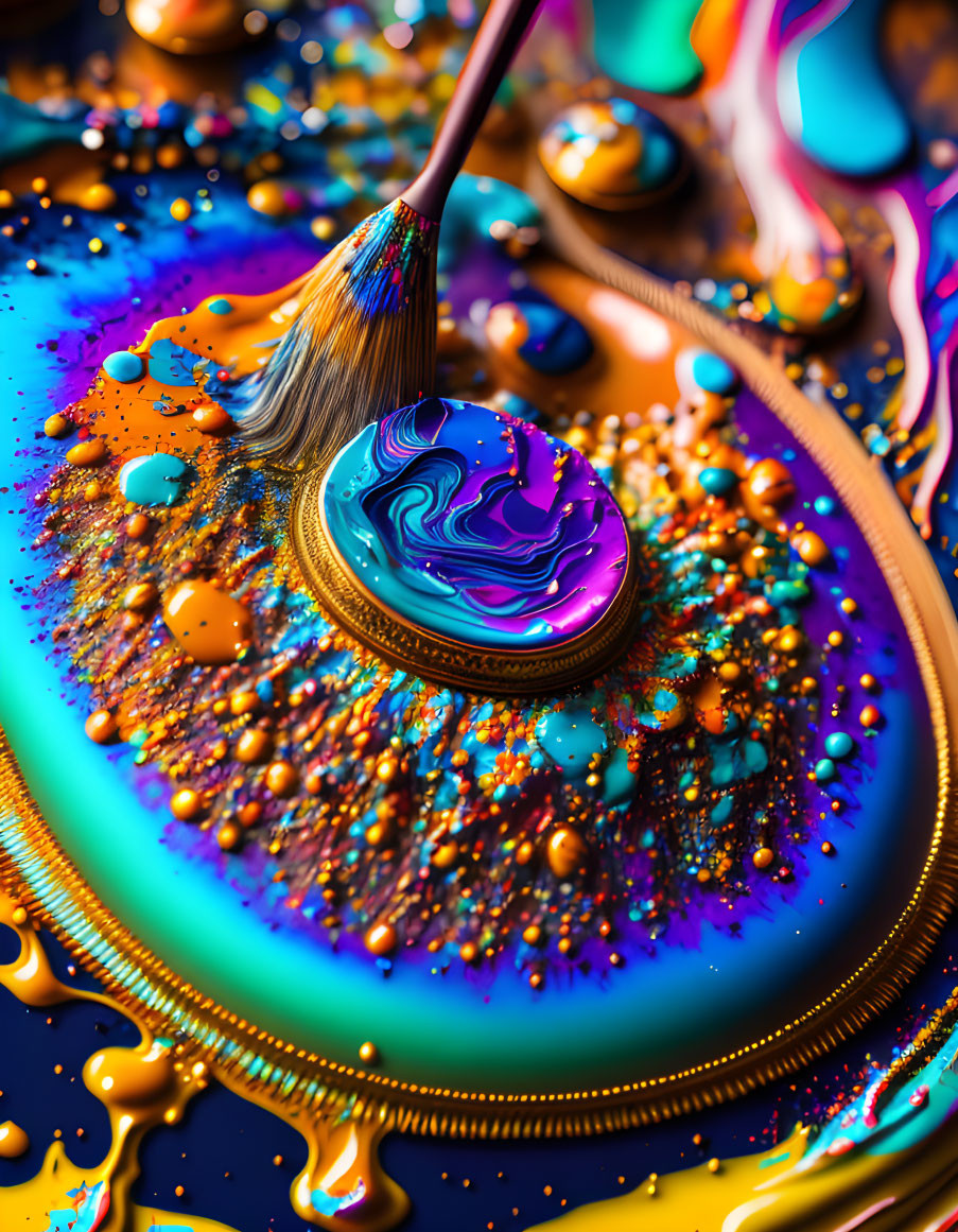 Colorful paintbrush swirling in vibrant paint with scattered beads - Abstract artistic composition