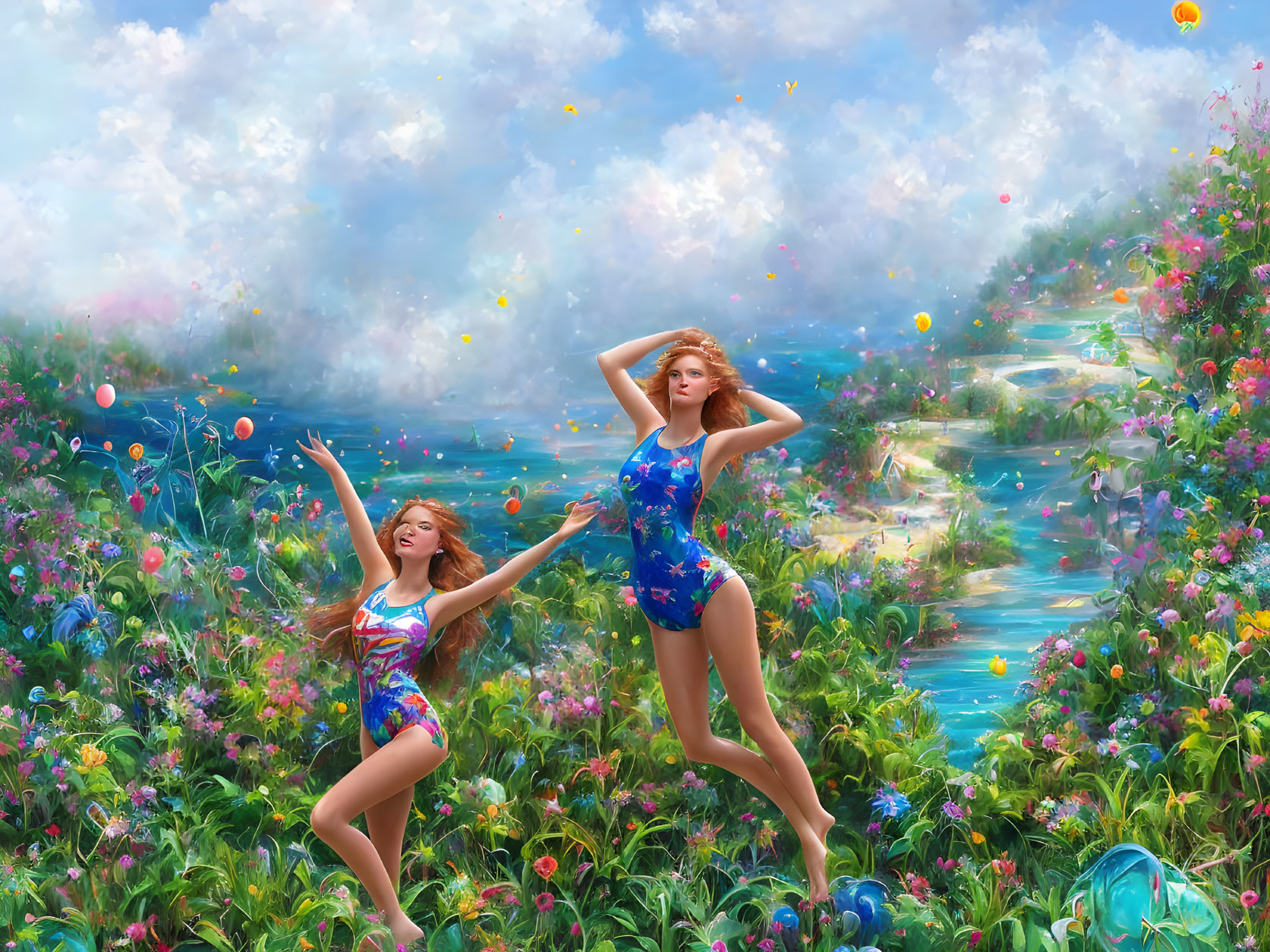 Joyful individuals in floral swimsuits dancing in vibrant, flower-filled landscape