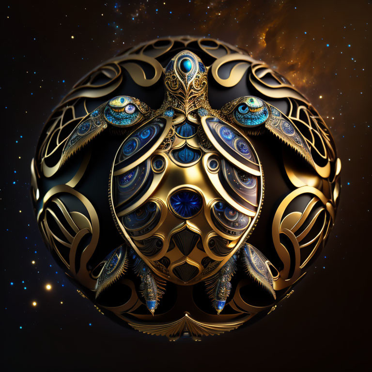 Ornate golden sphere with turtle motifs in cosmic setting