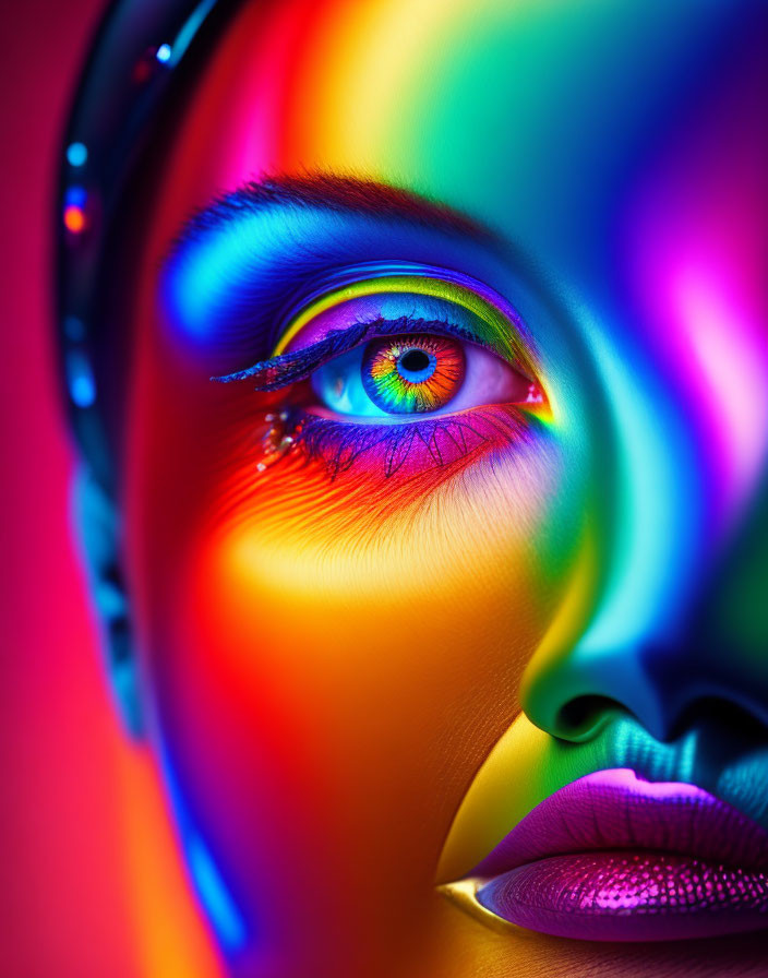 Detailed Rainbow Eye Makeup on Vibrant Face Close-up