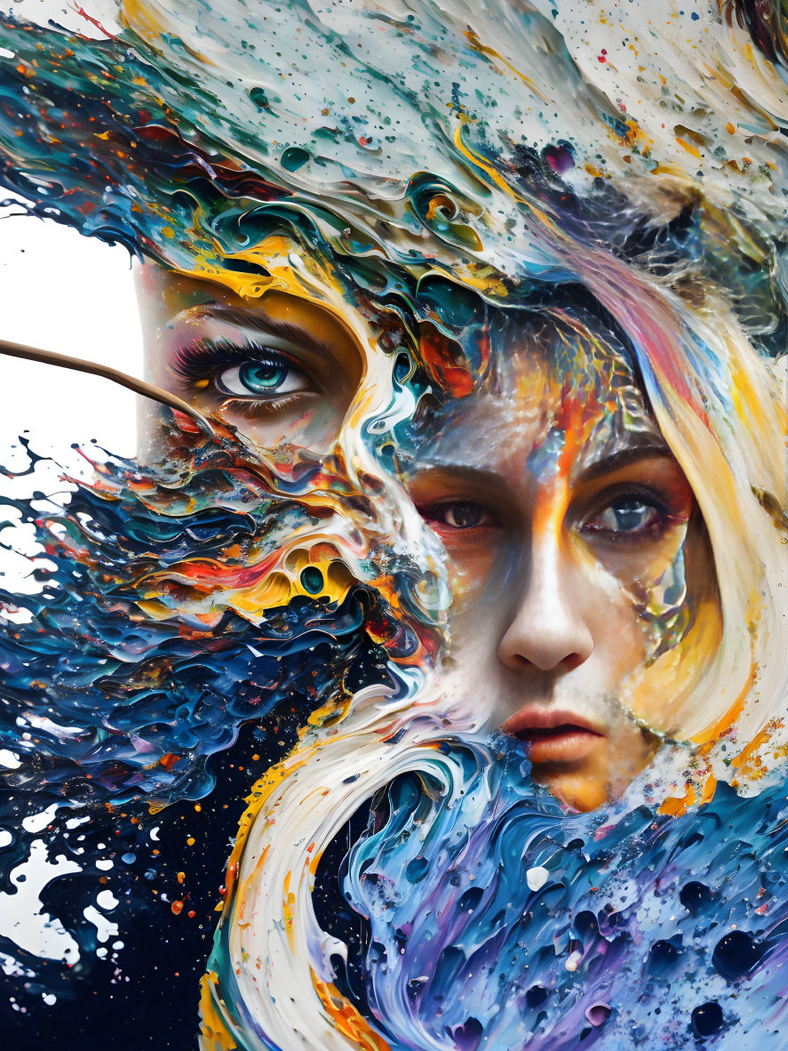 Colorful abstract portrait of a woman with dynamic swirling strokes