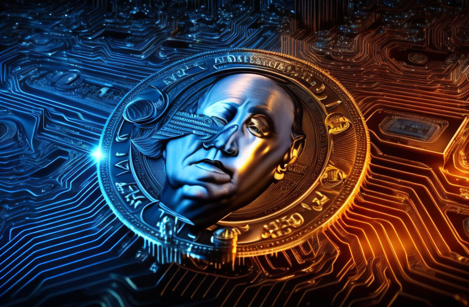 Stylized metallic coin with Benjamin Franklin's face on blue circuit board background