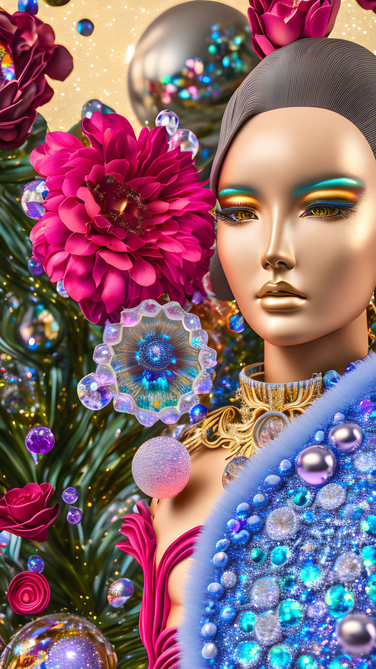 Stylized female figure with golden makeup in vibrant floral setting