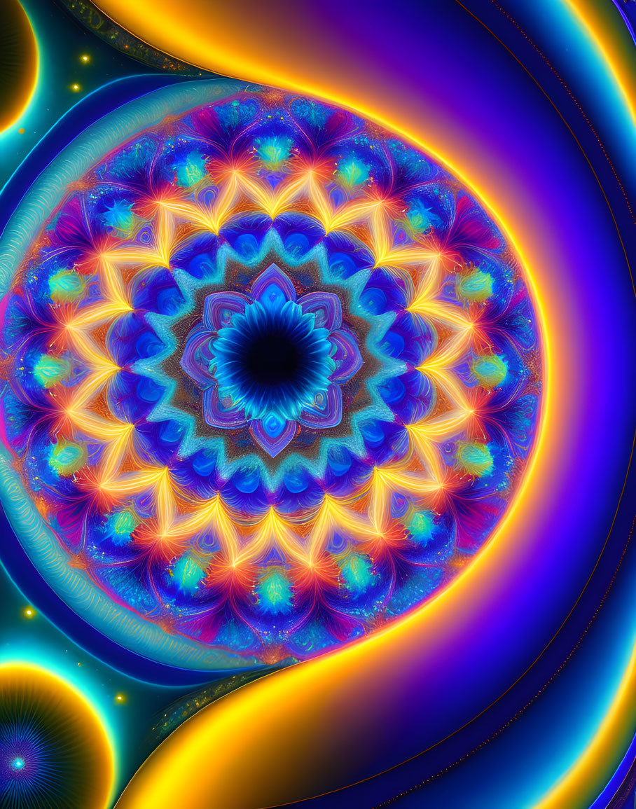 Colorful fractal image: central blue mandala with fiery orange and neon blue swirls