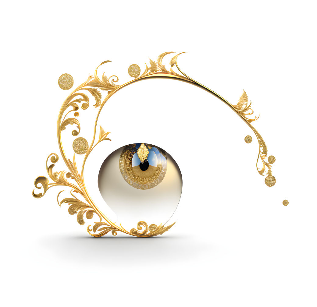 Golden Swirl Design Encircles Blue Iris Eye Art on White Background