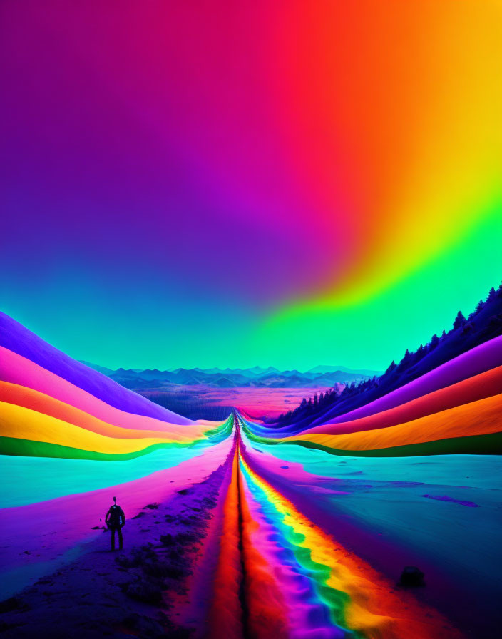 Colorful Rainbow Landscape with Silhouetted Figure on Path