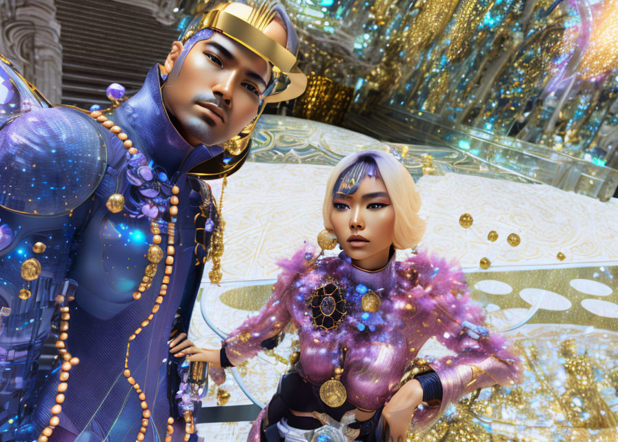 Stylized futuristic characters in royal sci-fi attire on ornate golden backdrop