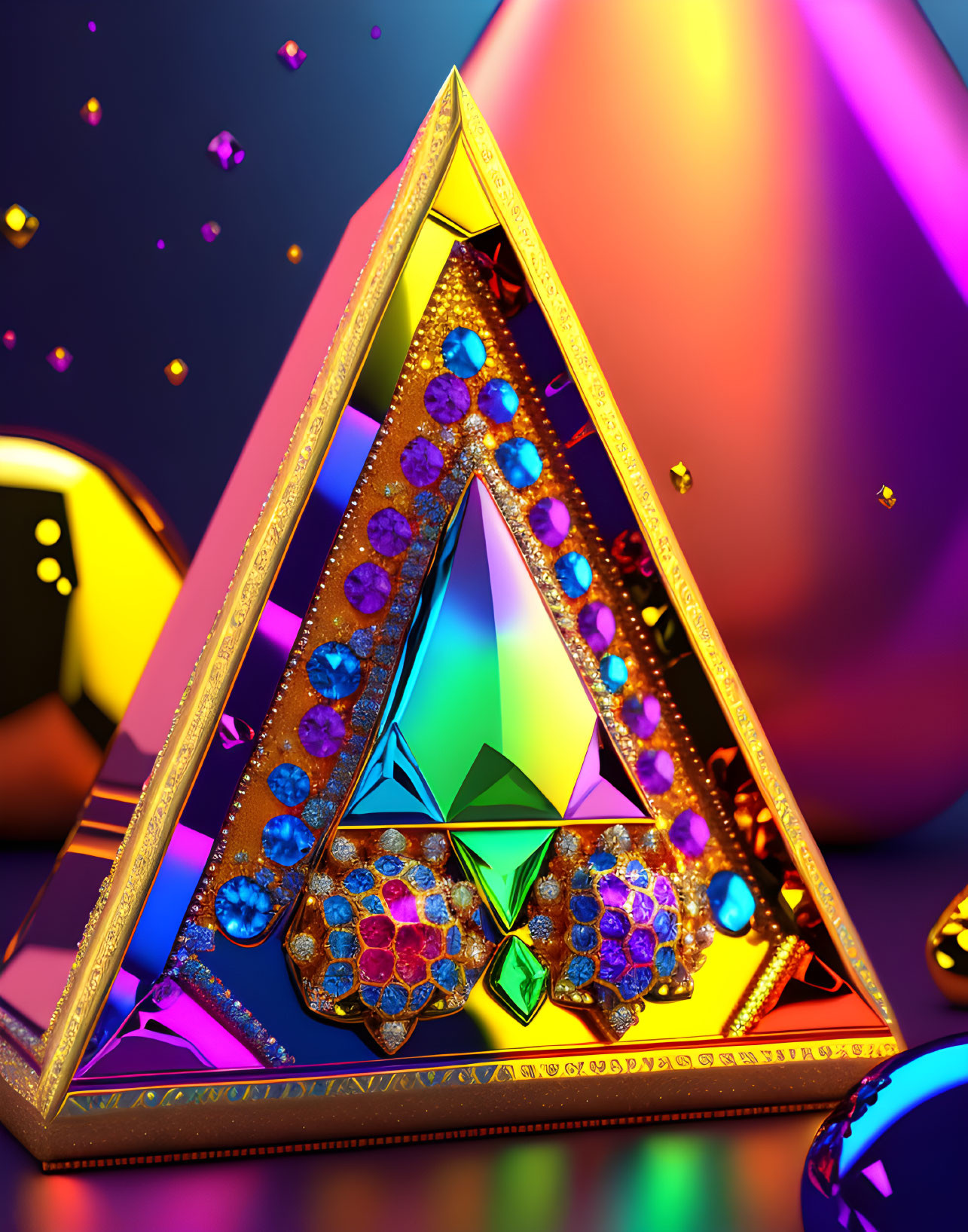 Colorful Gemstones in Golden Triangle Frame on Luminous Prism Background