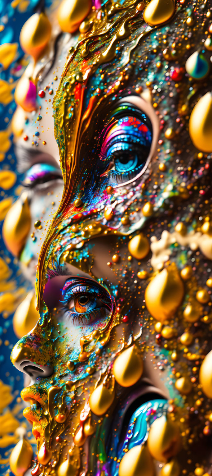 Colorful face close-up with metallic paint texture and golden droplets