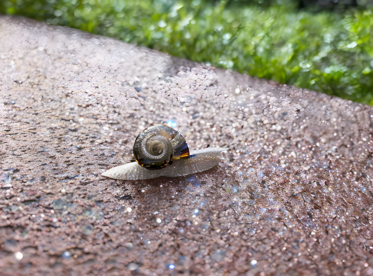 Brown-shelled snail on wet surface with water droplets and greenery.