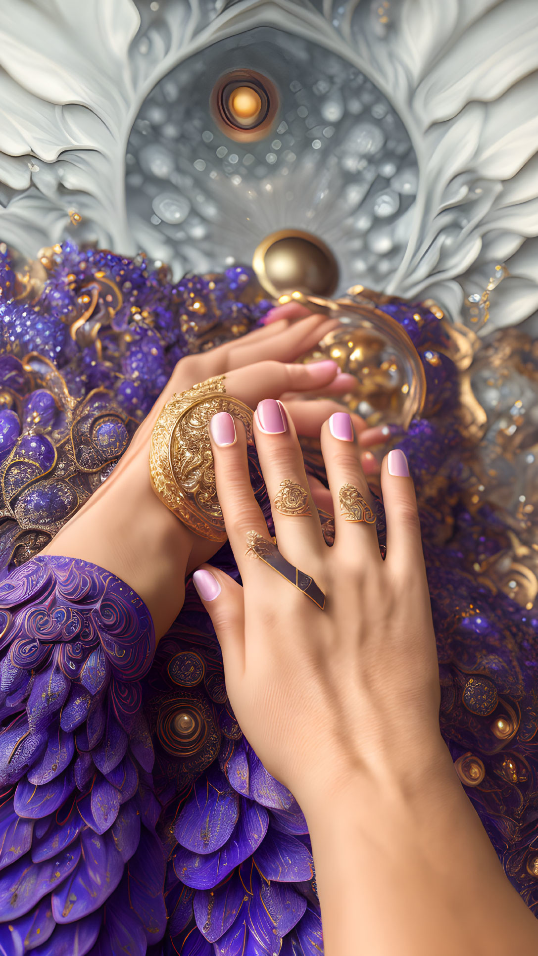 Ornate golden rings on hands touching intricate lid amidst blue and white feathers.