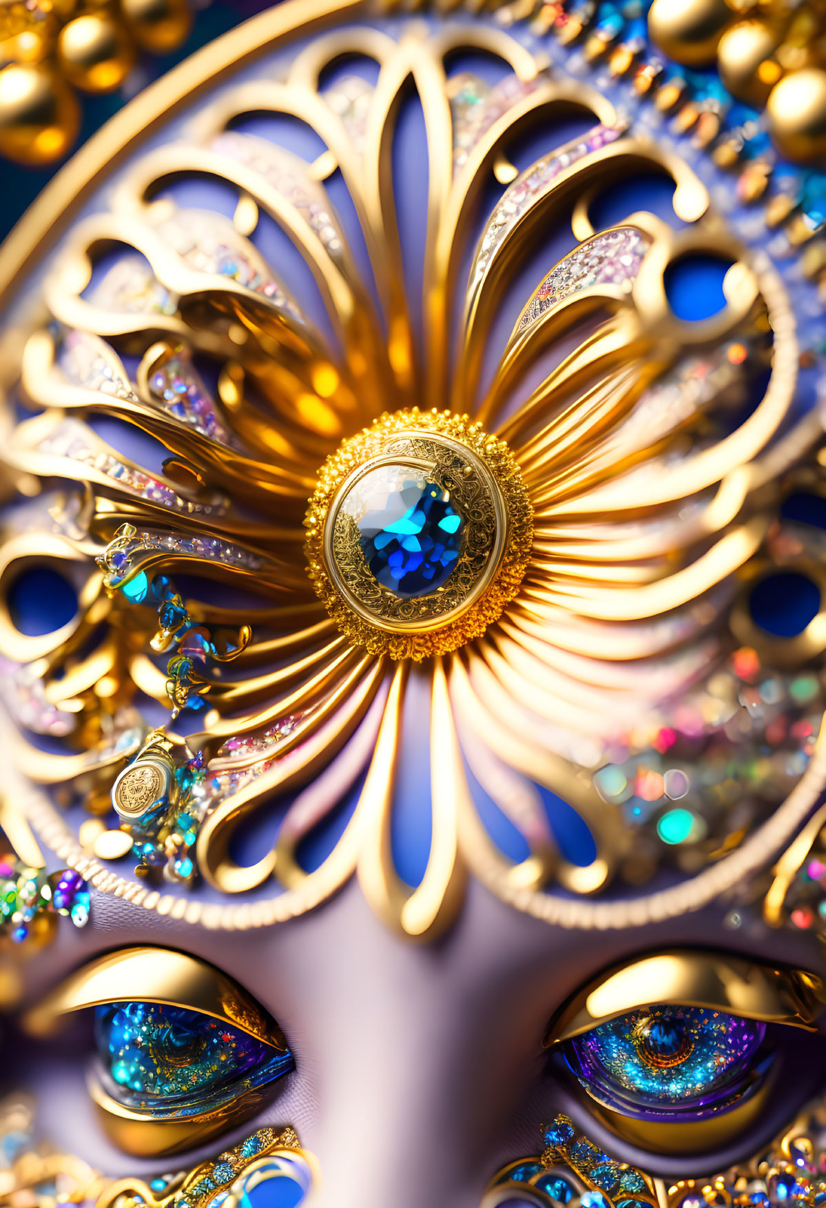 Golden headdress with central sapphire above mesmerizing blue eyes & detailed makeup