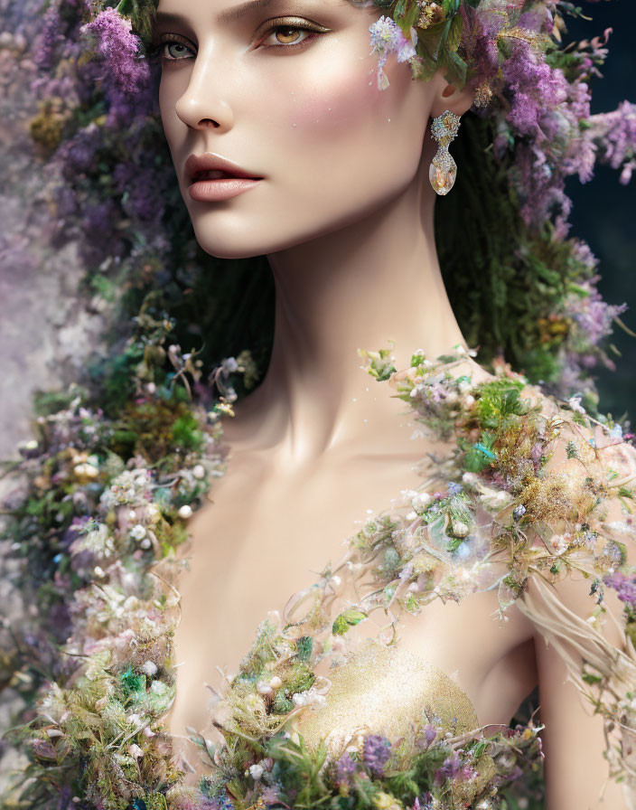 Portrait of woman adorned with vibrant purple and green flora and delicate flowers, exuding mystical aura