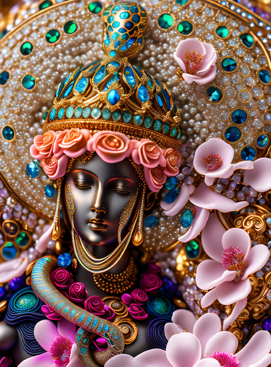 Vibrant depiction of a deity with jeweled crown and intricate floral patterns