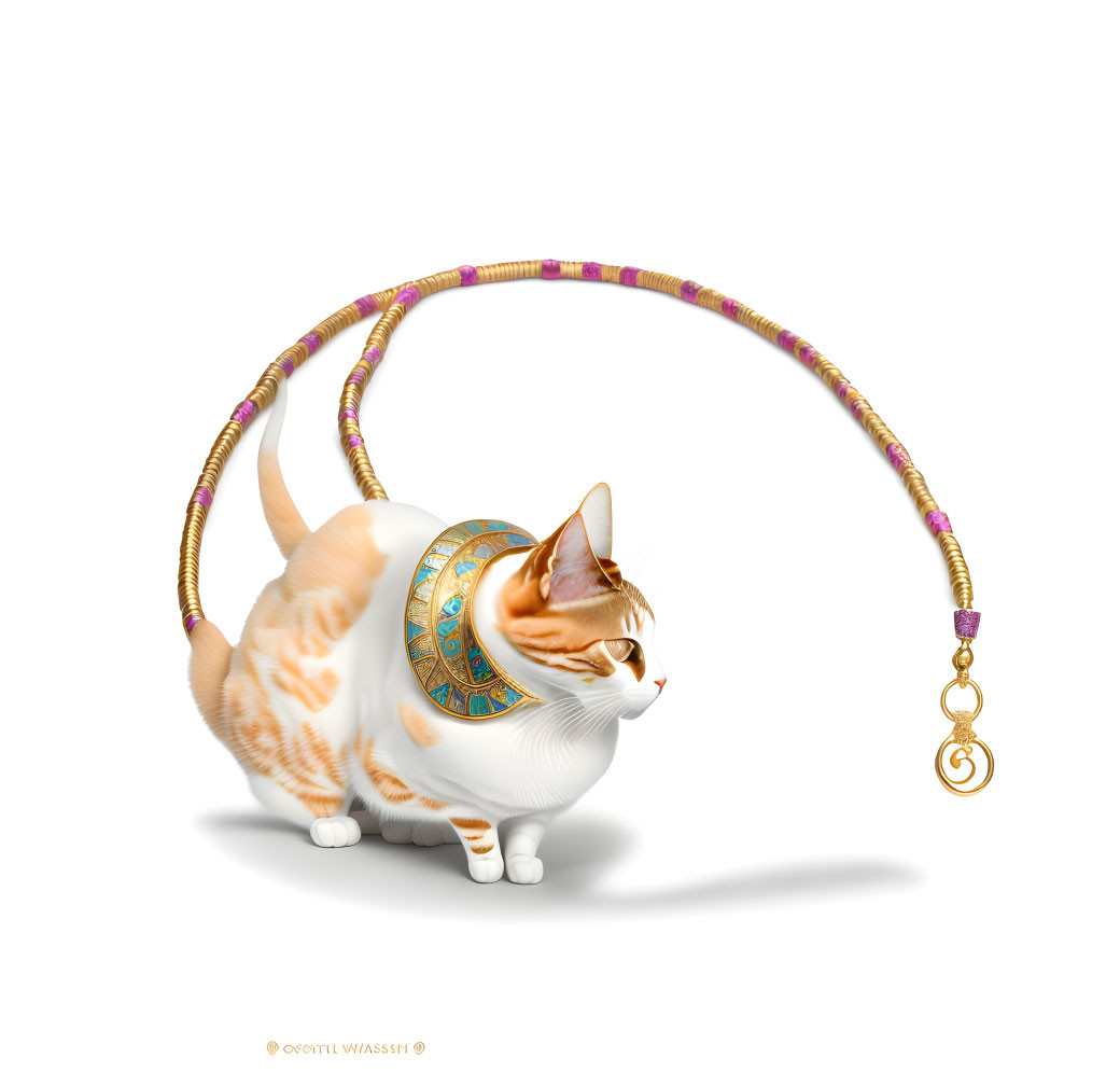 Illustrated orange and white cat with gold collar and beaded tail accessory