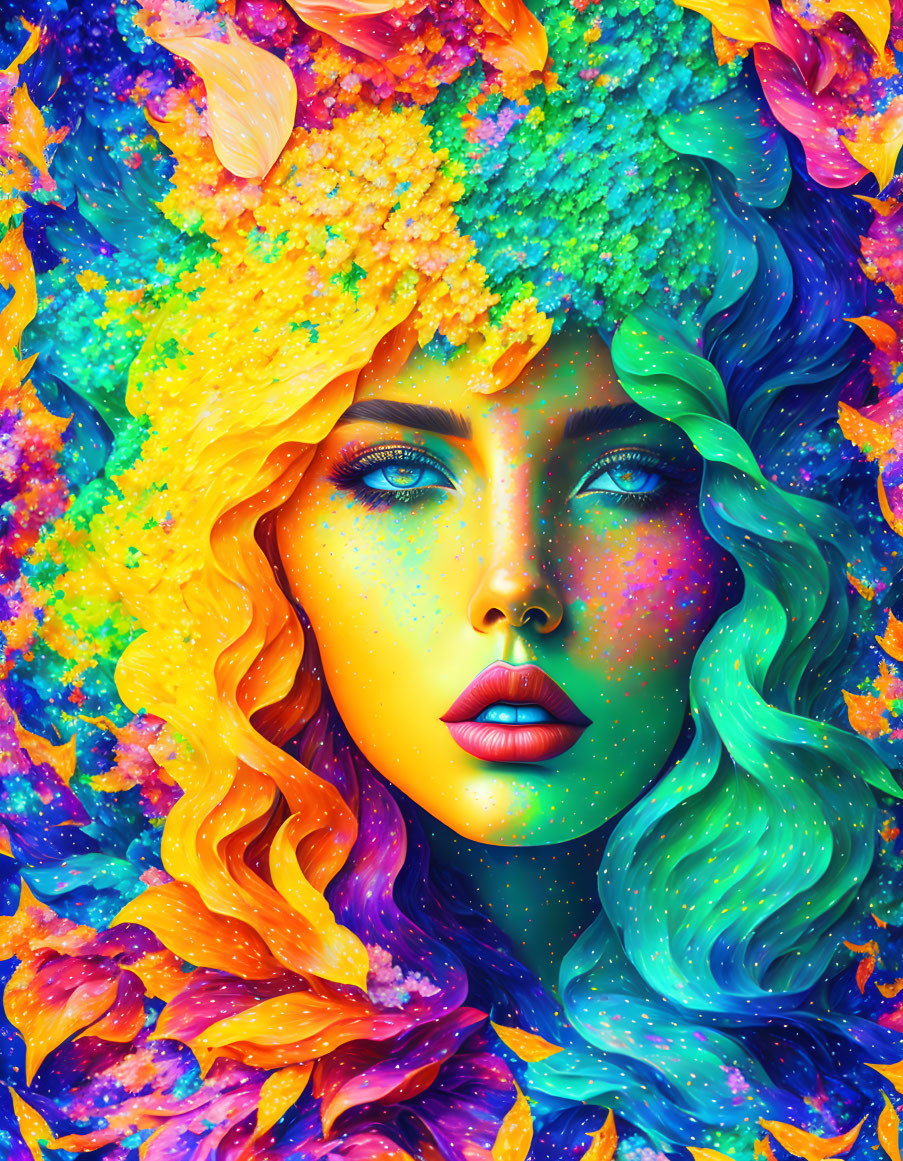 Colorful digital portrait of a woman with rainbow hair on textured background