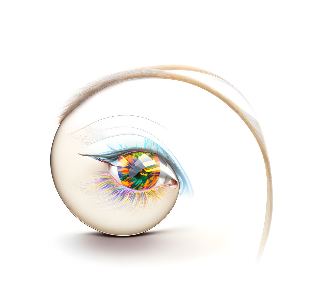 Colorful eye illustration with feathered eyelash and abstract swirls on white background