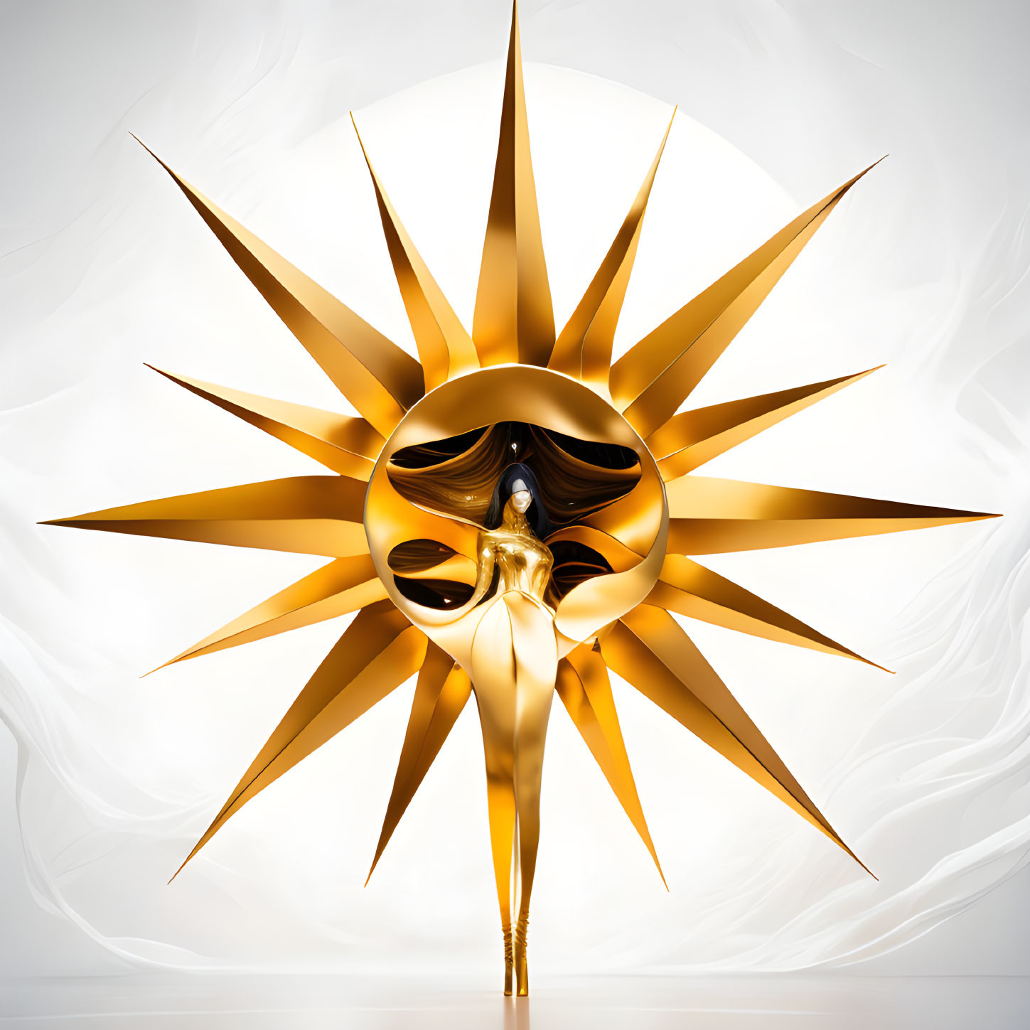 Golden starburst sculpture with person in center on white background