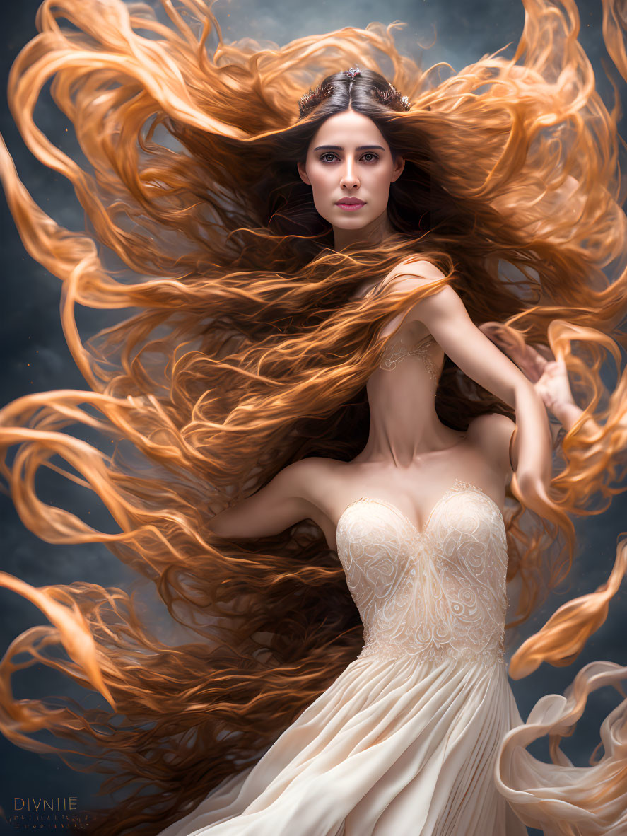 Auburn-haired woman in cream dress with crown on dark backdrop