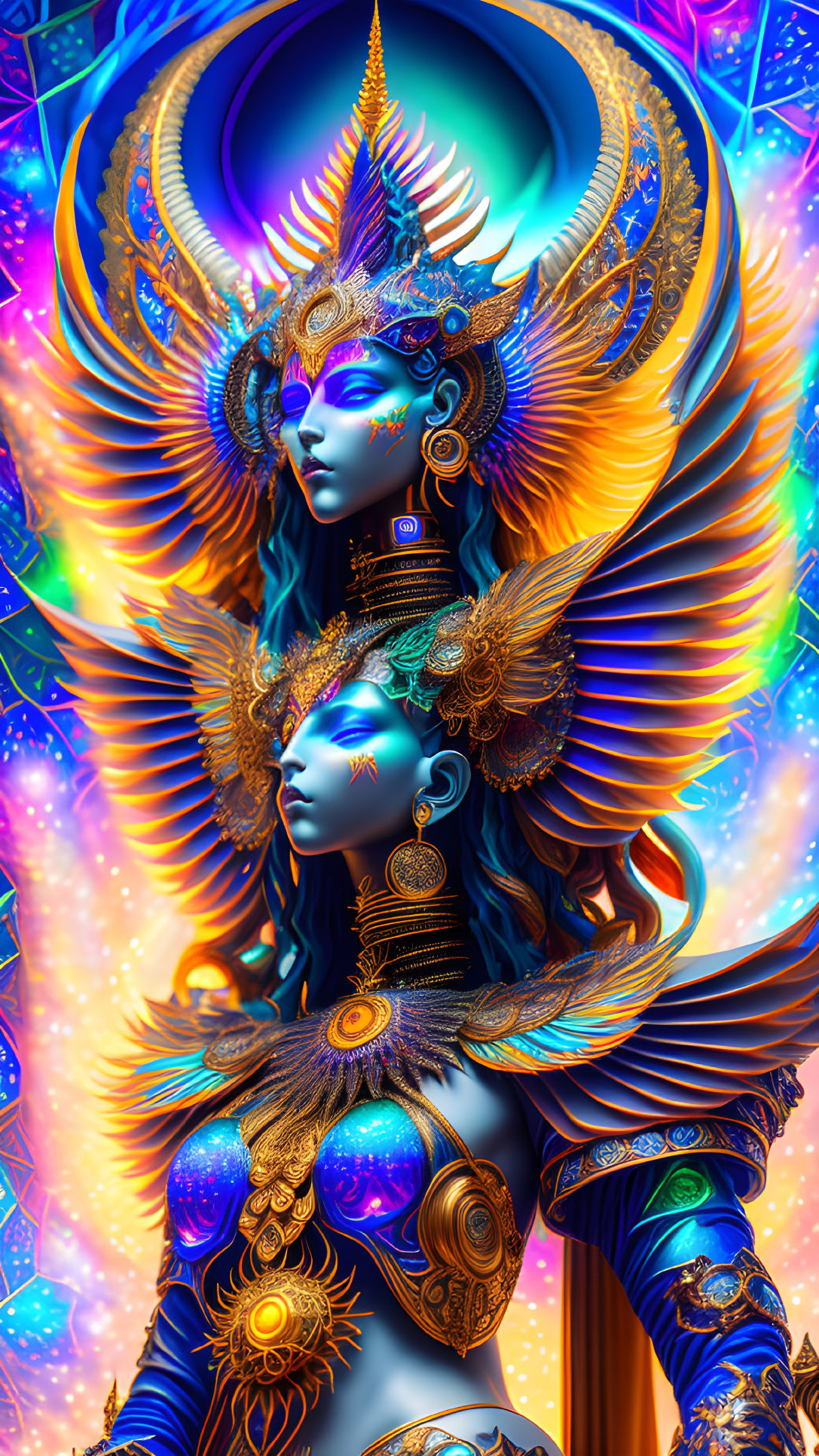 Ethereal beings in blue and gold headdresses on neon background