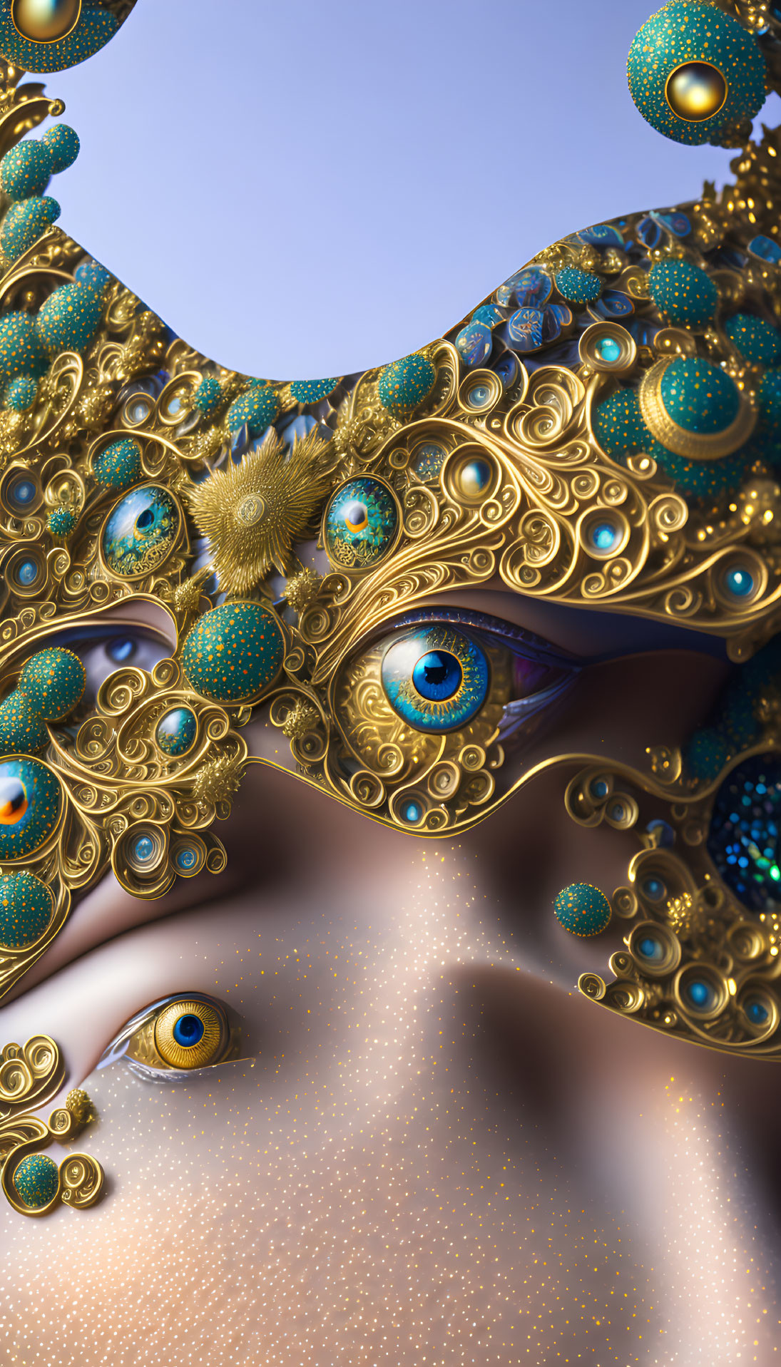 Surreal image: golden filigree, turquoise orbs, multiple eyes